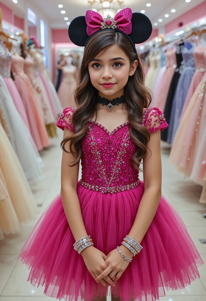 Jovem tímida com vestido rosa da Minnie Mouse
