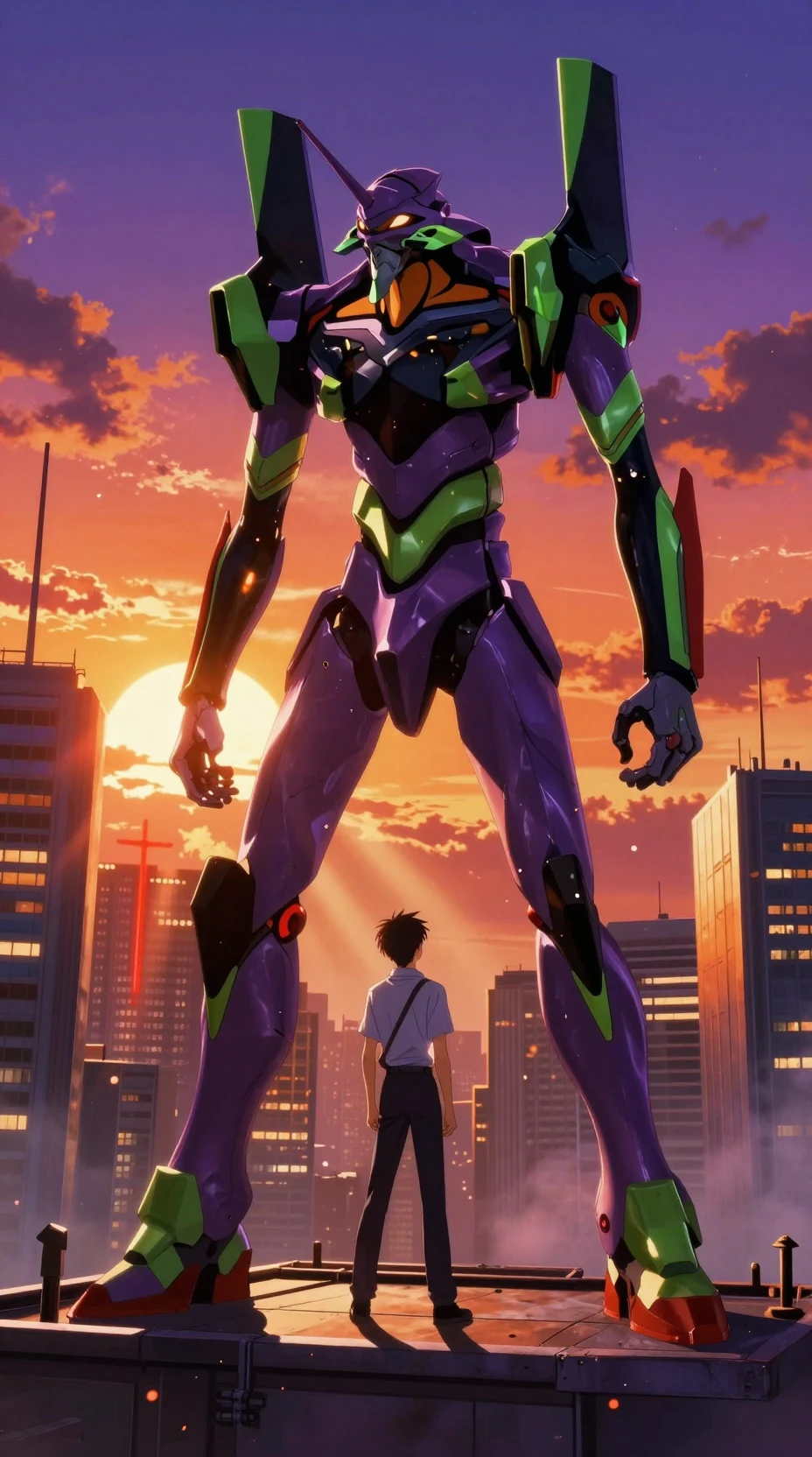 Pilota anime di fronte a un enorme mecha nella Tokyo futuristica