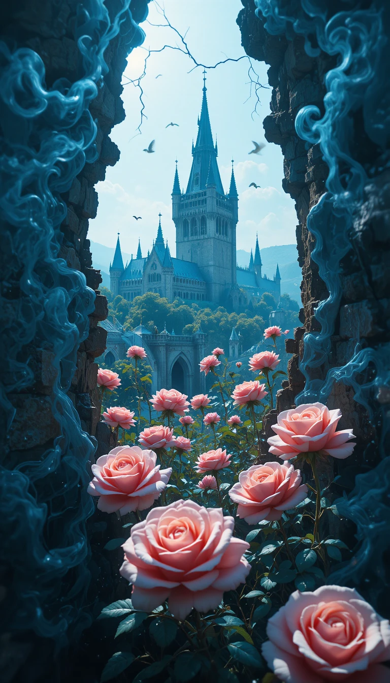 Visão surreal de dupla exposição com rosas e castelo gótico