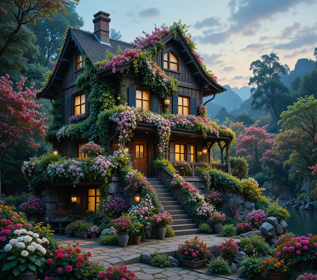 Casa de madeira de conto de fadas coberta por flores exuberantes em plena floração