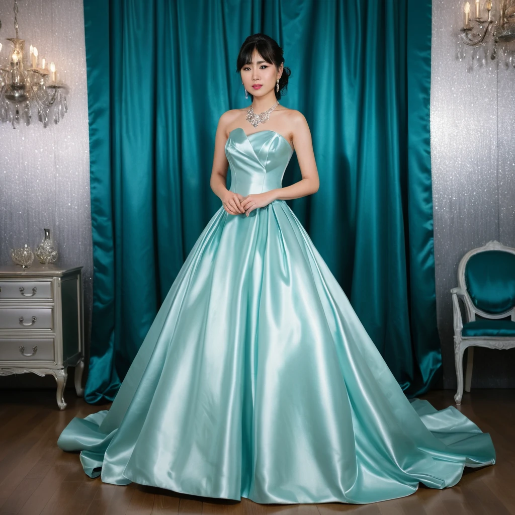 Garota elegante com vestido de baile em cetim turquesa brilhante em ambiente interno
