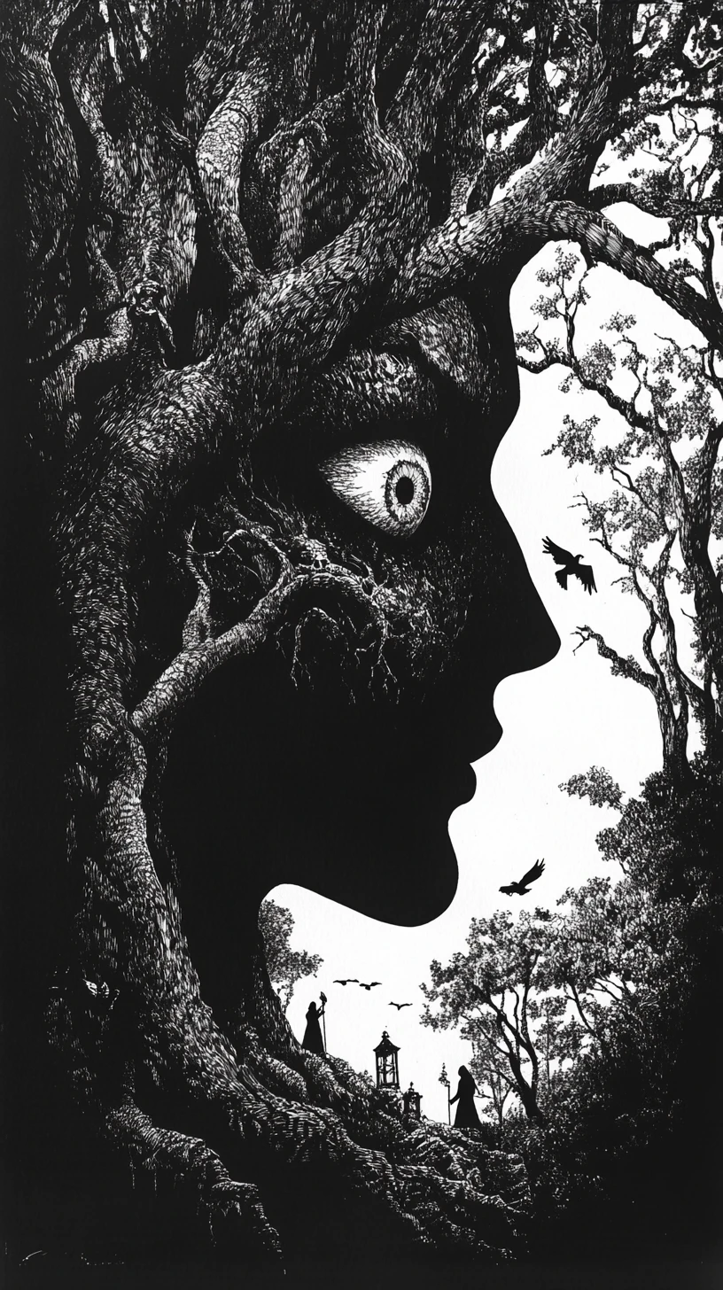 Silueta Humana Rellena de Bosque Encantado y Rostros Ocultos