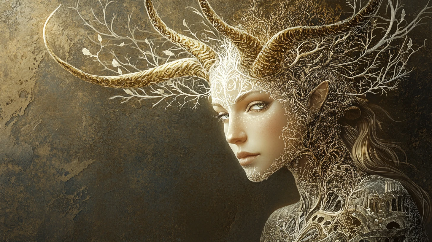 Mulher mística com chifres e pele rendada luminosa – retrato