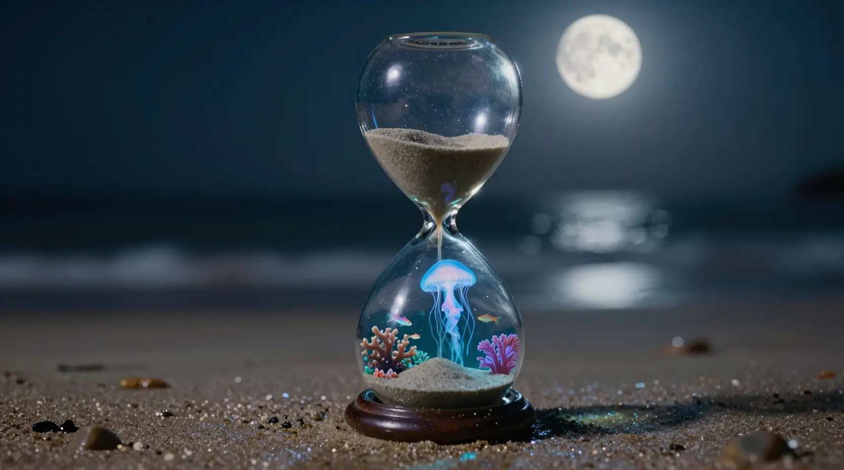 Clessidra di vetro surreale con oceano luminoso su una spiaggia a mezzanotte
