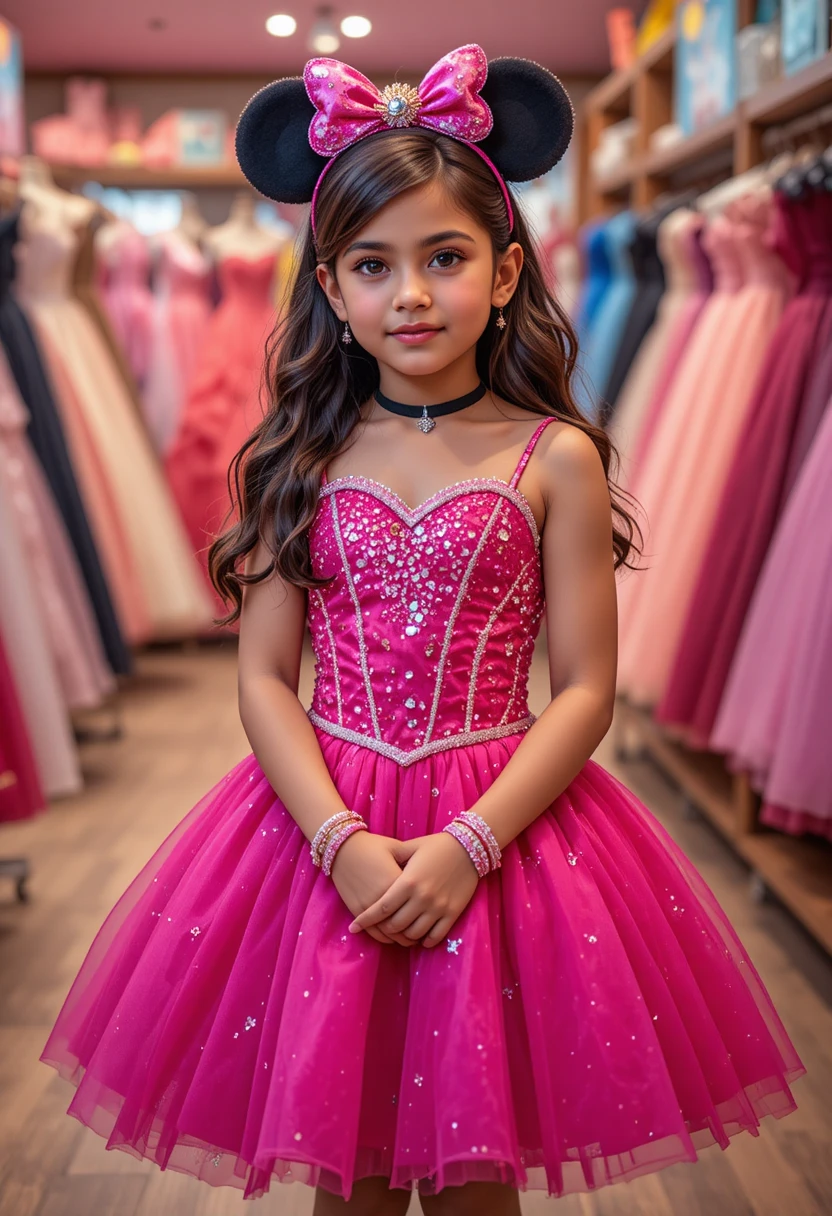 Retrato de menina jovem envergonhada em loja com vestido rosa da Minnie