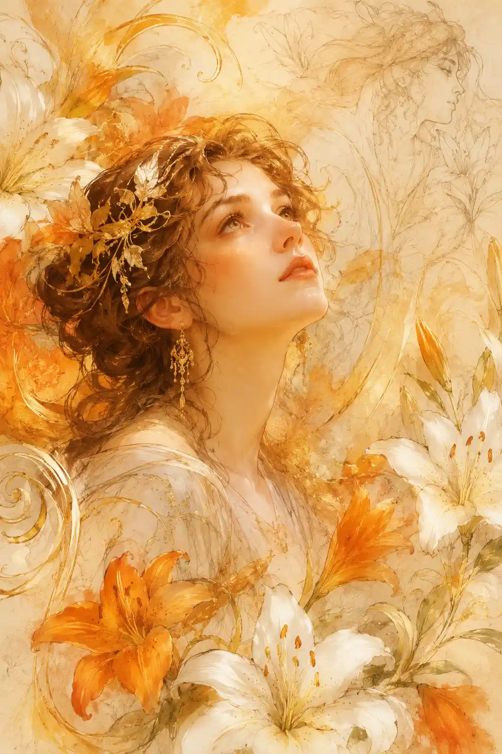 Mulher elegante com lírios brancos e laranjas em moodboard art nouveau