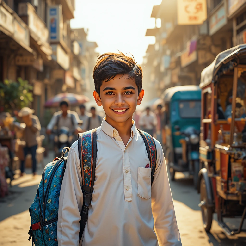 Menino sorridente voltando da escola por uma rua movimentada de Lahore
