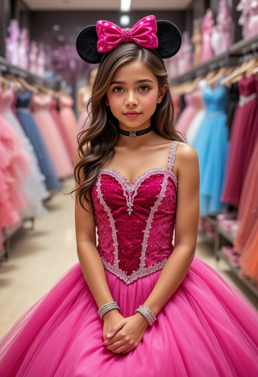 Menina jovem envergonhada com vestido rosa da Minnie em loja de fantasia
