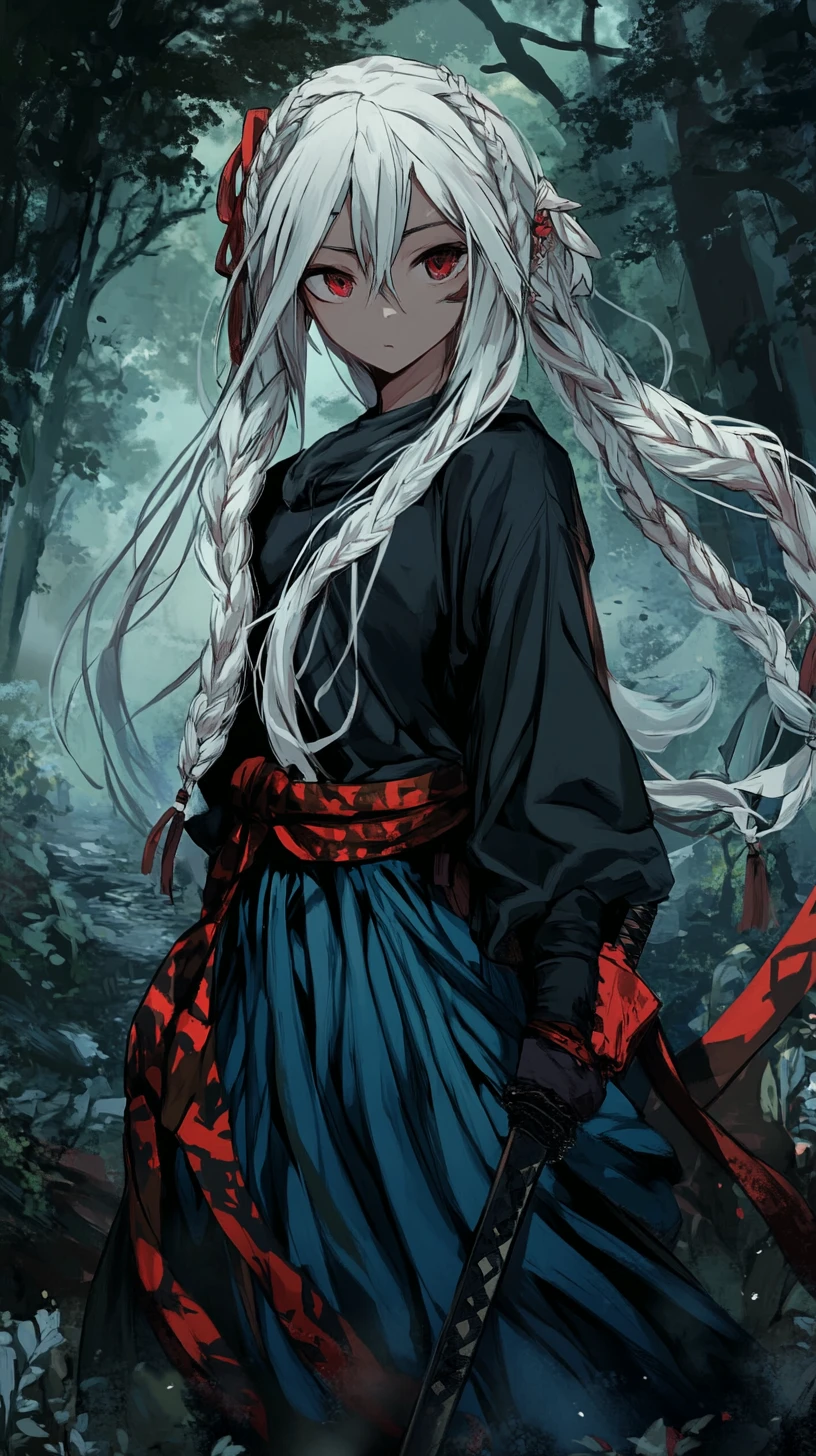 持刀站在詭異森林濃霧中的動漫少女