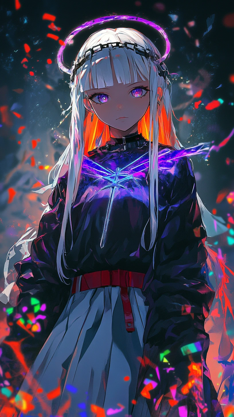 Serious anime girl with double halo and glowing sword