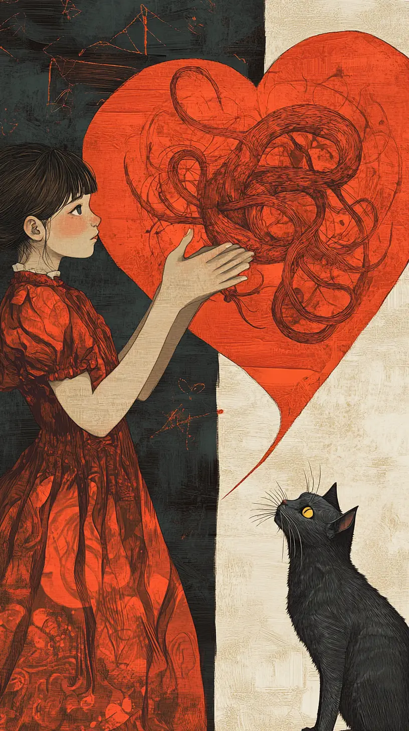 Girl forming a heart with her hands watched by a cat