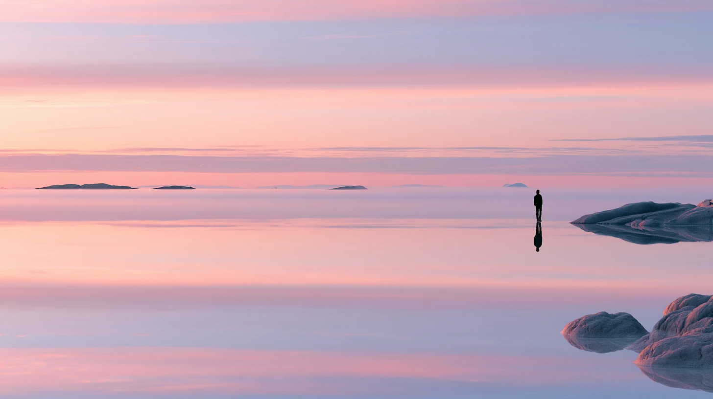 Figura solitaria riflessa su salina all’alba dai toni pastello