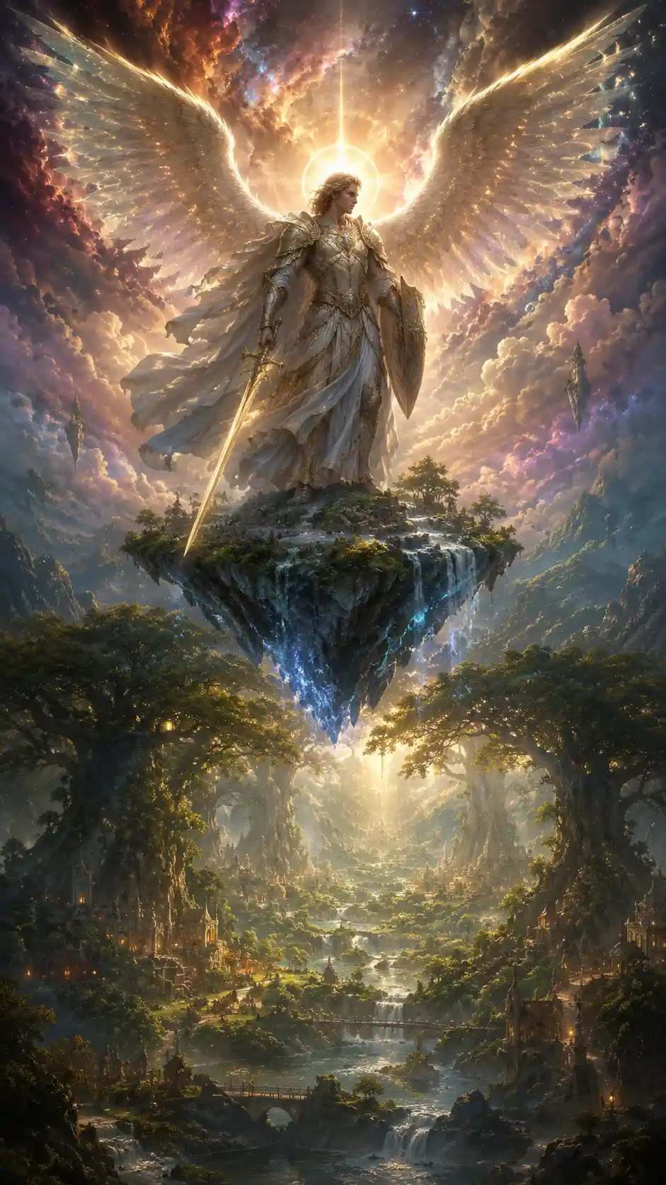 Archangel On Floating Island Above Cosmic Nebula