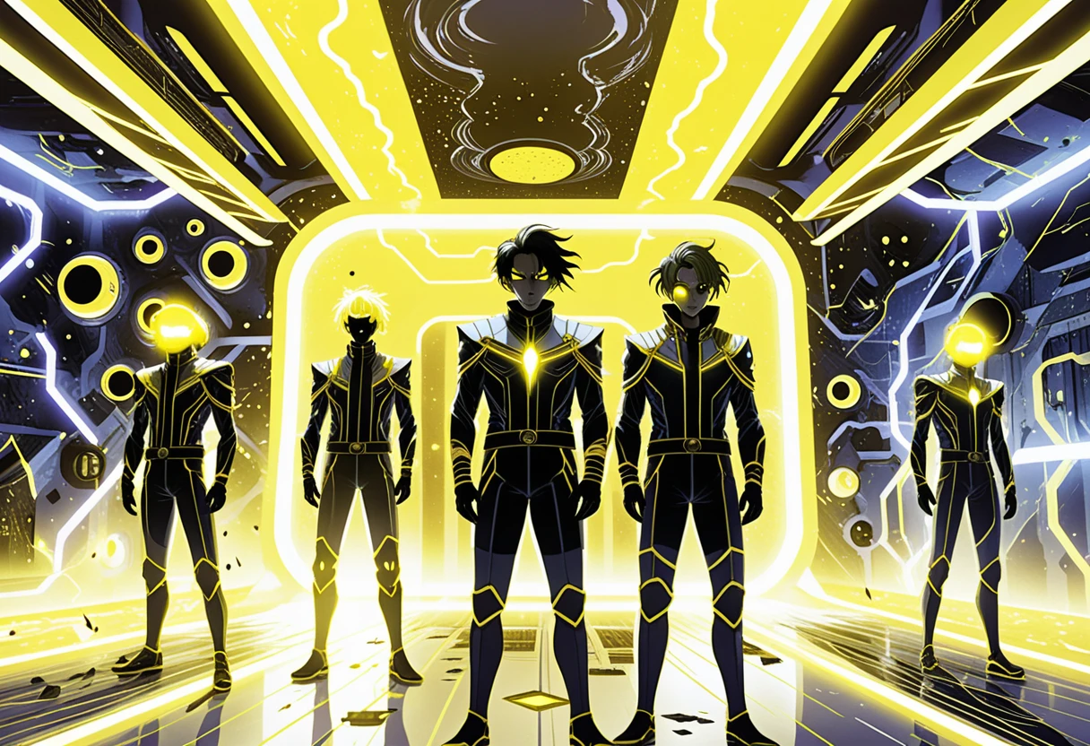 Garçons d’anime isekai dans une installation sci-fi éclairée au néon