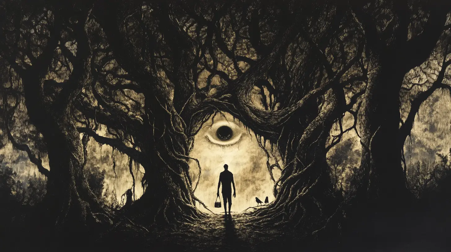 Silhouette Umana Riempita da Foresta Incantata e Volti Nascosti