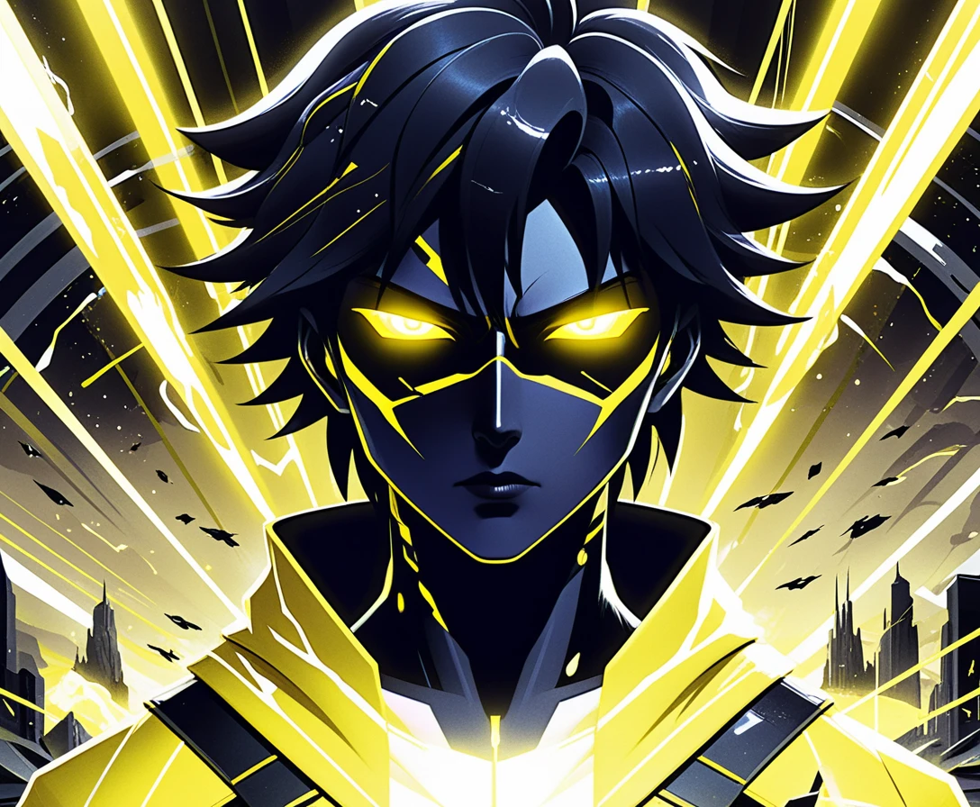 Chico de anime sci‑fi en instalación futurista iluminada con neón