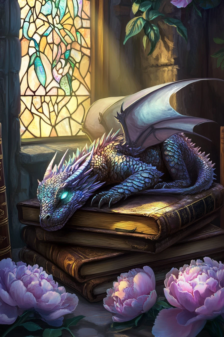 Dragão lavanda adormecido entre antigos livros de biblioteca