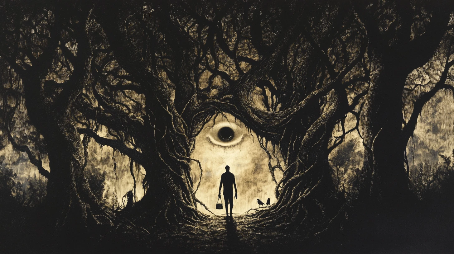 Silhouette Umana Riempita da Foresta Incantata e Volti Nascosti