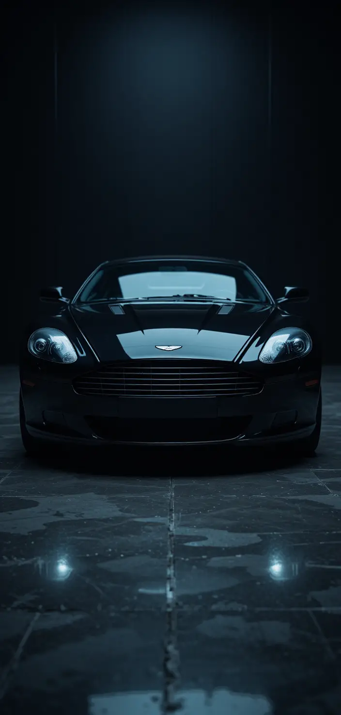 Voiture de sport noire dans une pièce sombre aux reflets doux