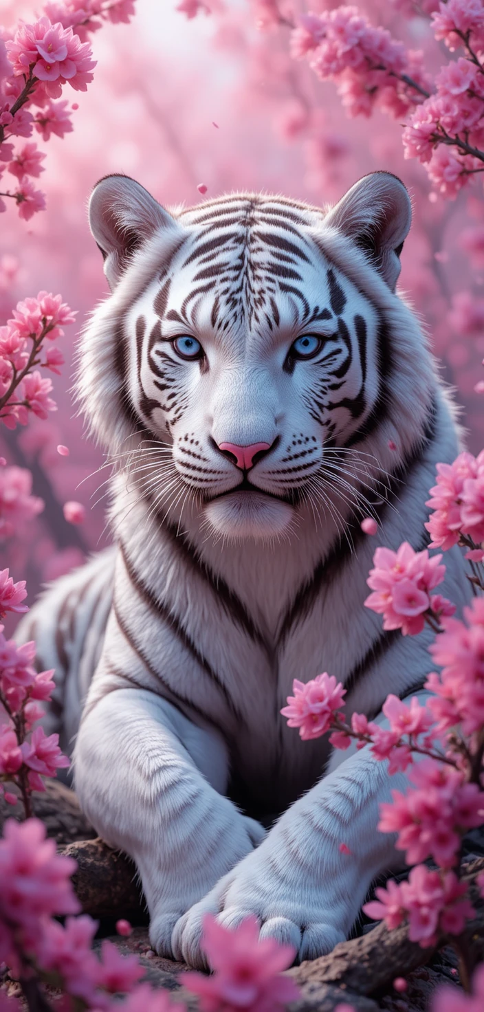 Weißer Tiger, der zwischen traumhaften rosa Kirschblüten ruht