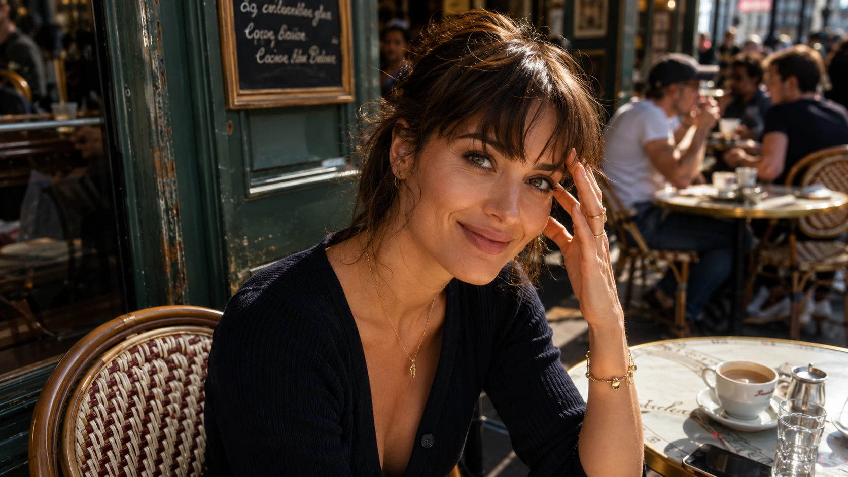 Mulher francesa sorridente ao sol em um café charmoso