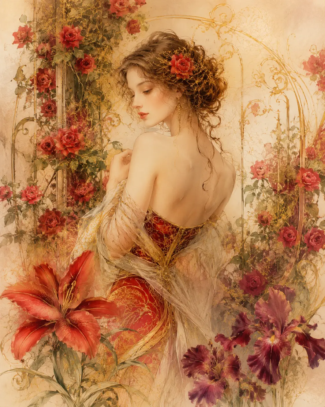 Elegante Frau zwischen roten Rosen, Lilien und Irisblüten