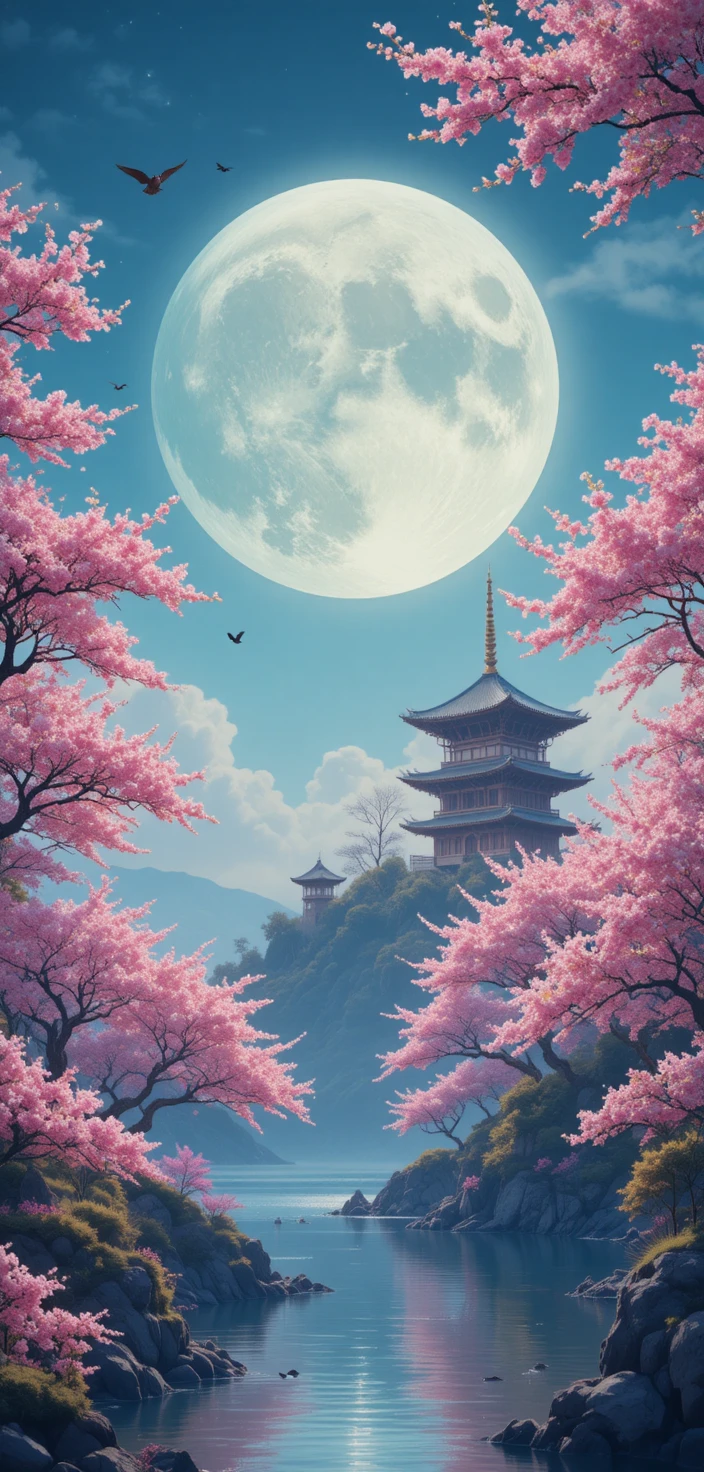 Pagoda y cerezos en flor bajo una luna llena resplandeciente