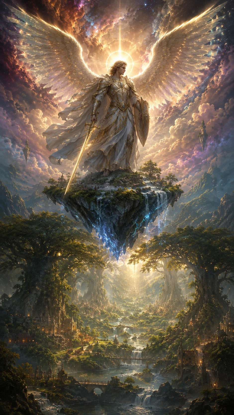 Archangel On Floating Island Above Cosmic Nebula