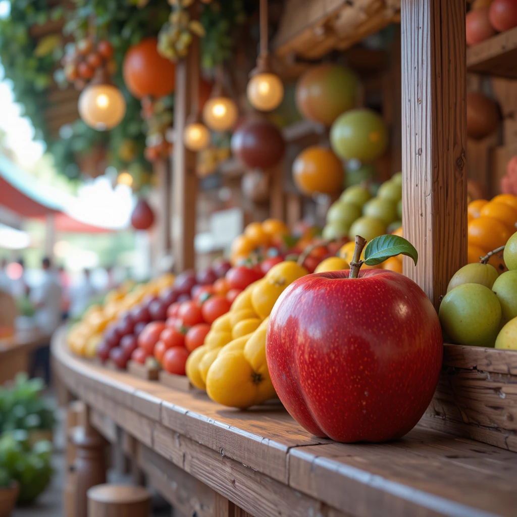 Mango e mela colorati su una bancarella di legno al mercato