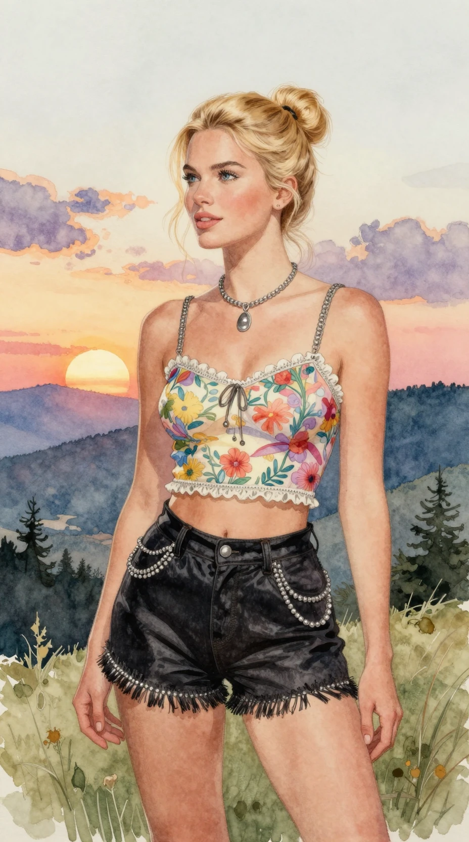 Garota loira sorridente com roupa colorida nas montanhas ao pôr do sol