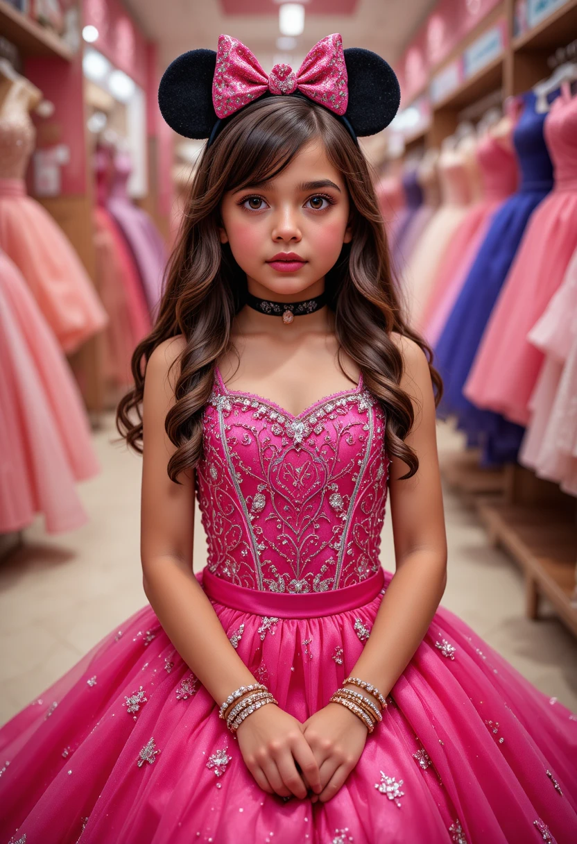 Menina jovem envergonhada com vestido rosa da Minnie em boutique