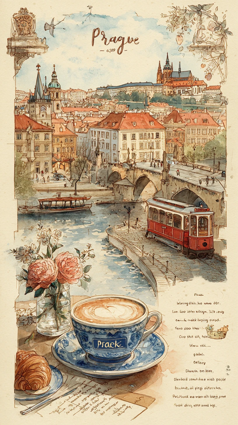 Rua Romântica em Praga em Aquarela com Vista para a Ponte Carlos
