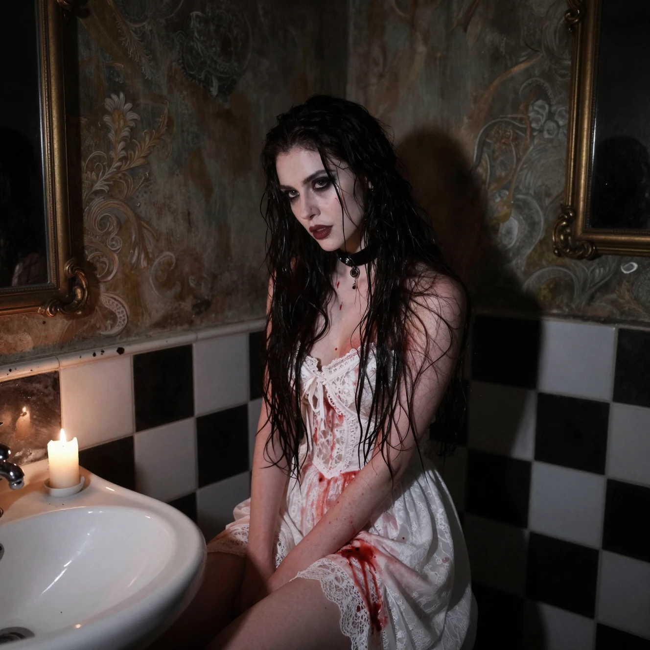 Vampira con vestido de encaje manchado de sangre a la luz de las velas