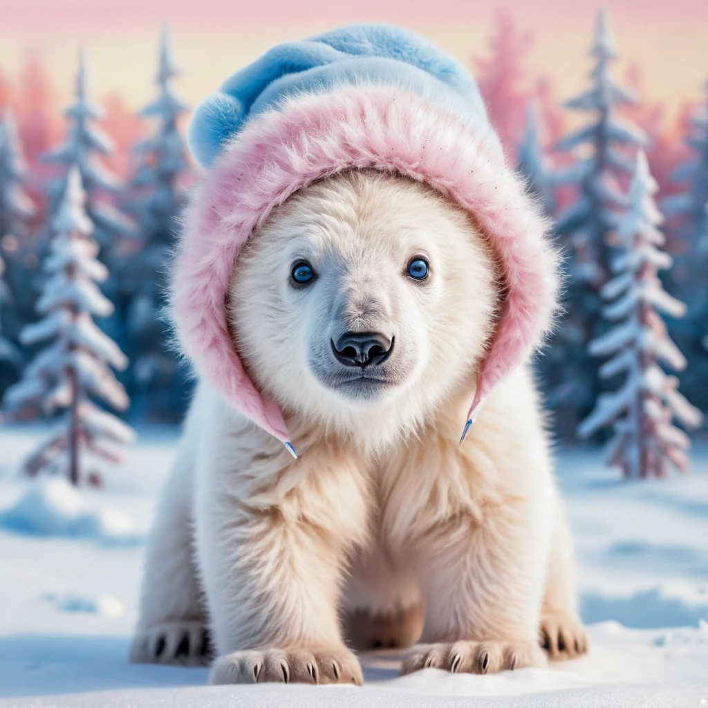 Ilustração de Filhote de Urso Polar Fofo com Gorro de Inverno Rosa