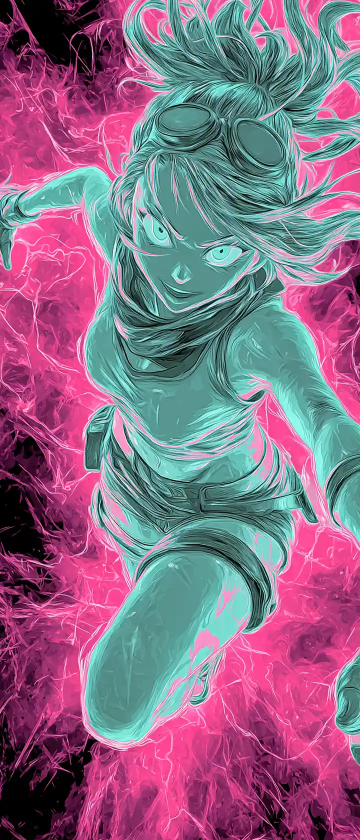 Eroina anime che balza in avanti in una radiante energia neon solarizzata