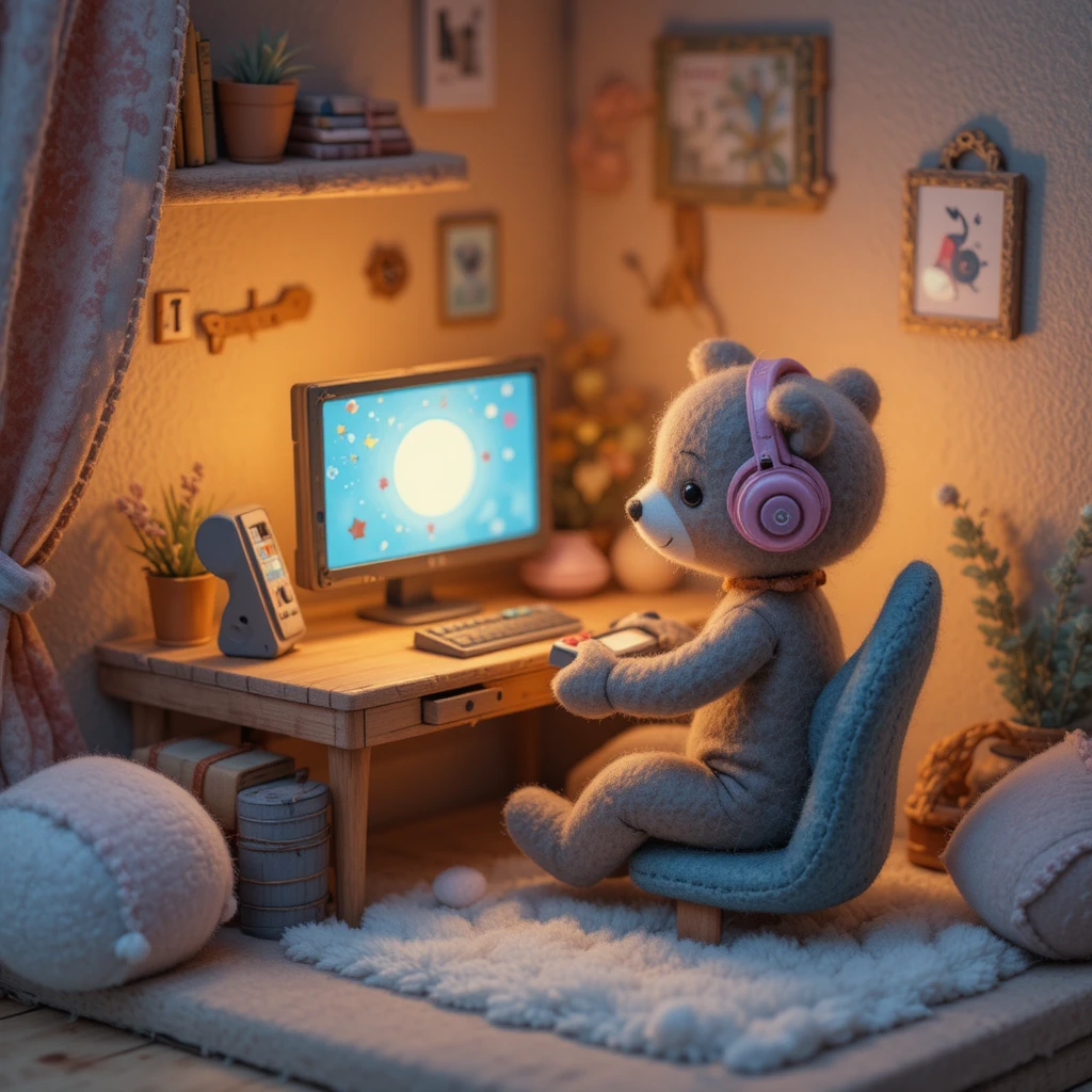 Ourson en feutrine qui joue aux jeux vidéo sur un bureau artisanal douillet