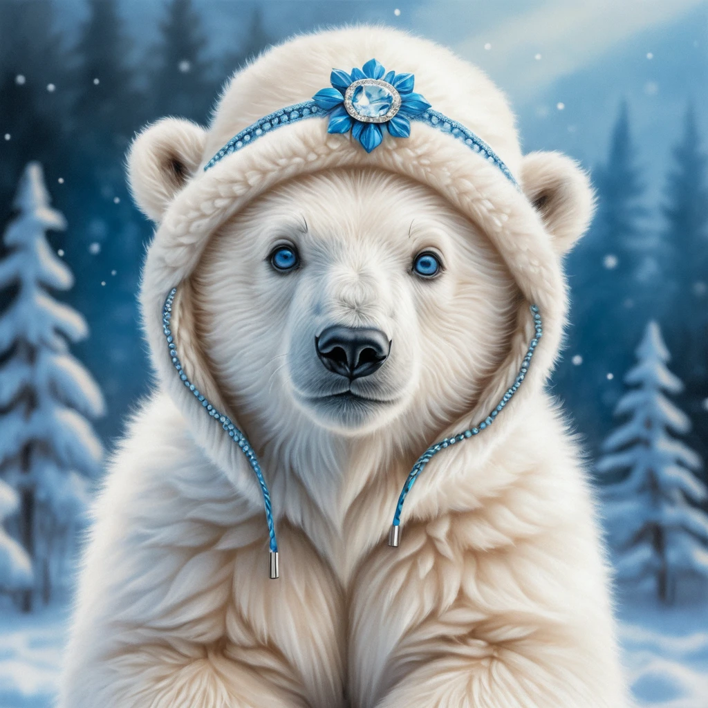 Filhote de urso-polar fofo com gorro de inverno em desenho a lápis de cor