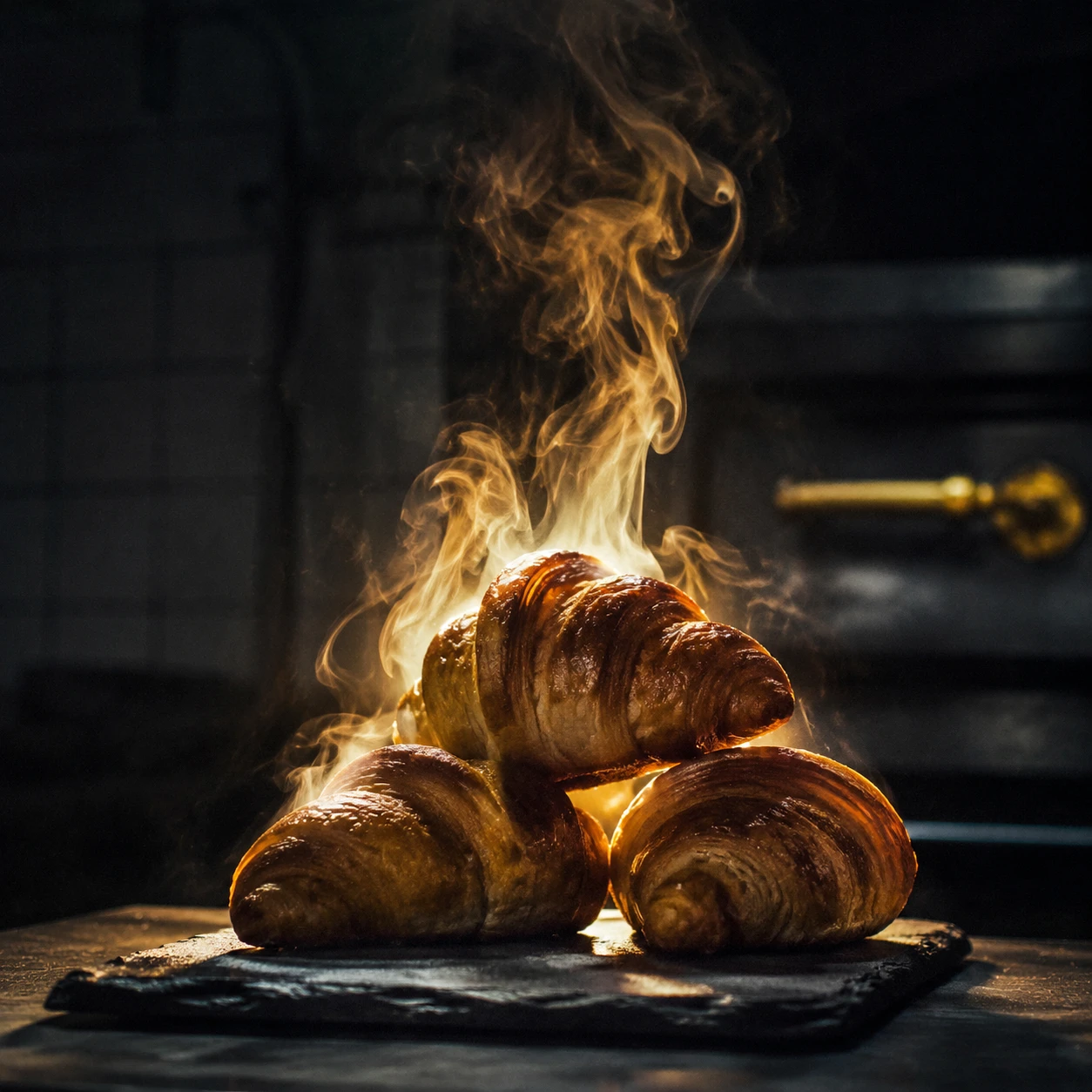 Croissants Fumants sur Ardoise Foncée dans une Lumière de Boulangerie Tamisée