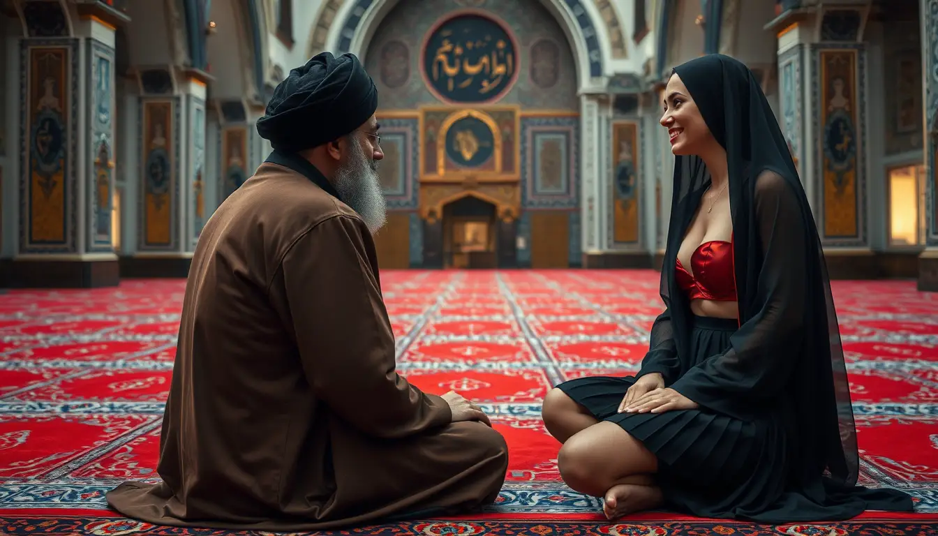 モスクの中で絨毯に座るイラン人女性と聖職者