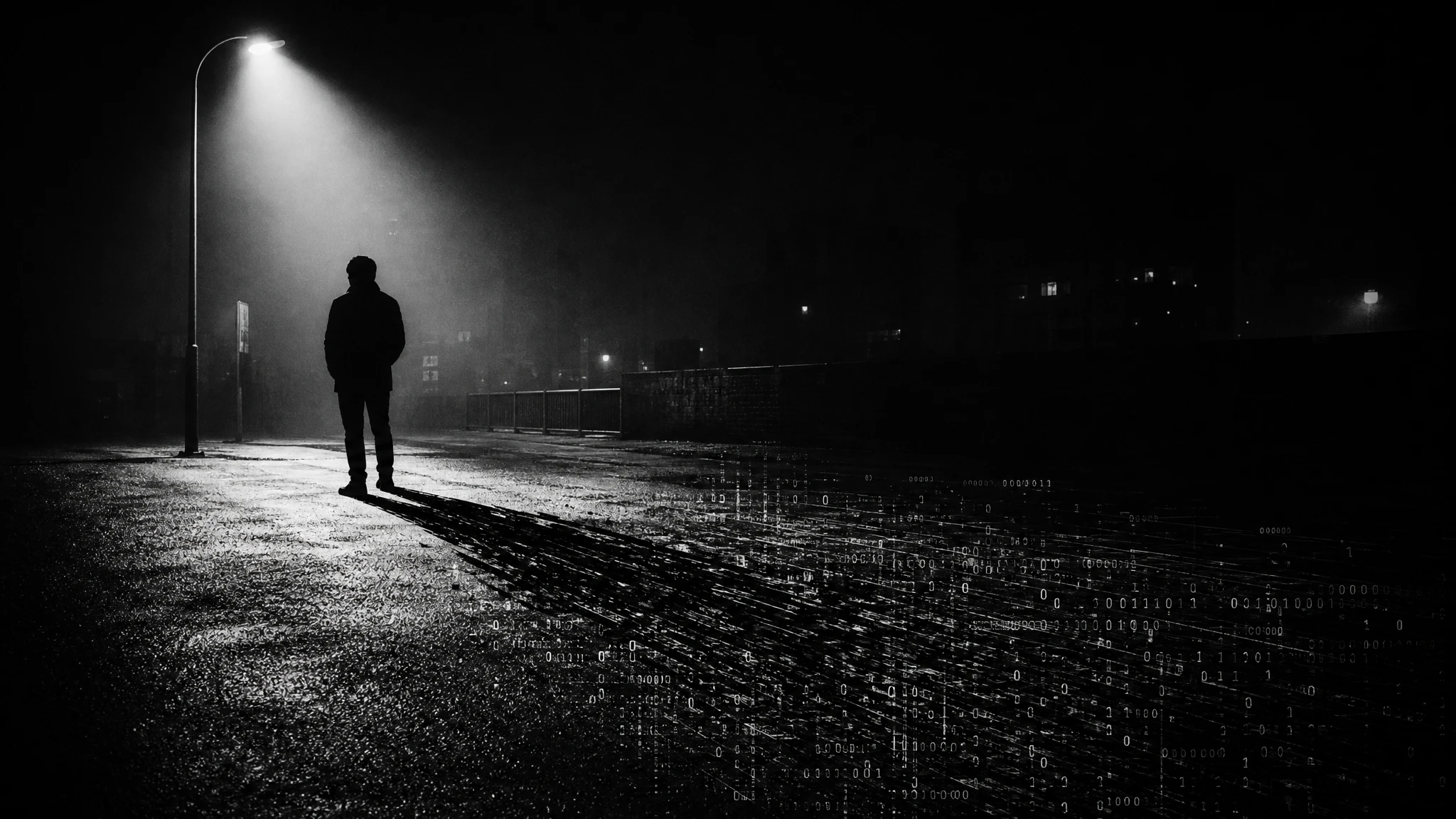 Figura em silhueta sob um único poste de luz à noite