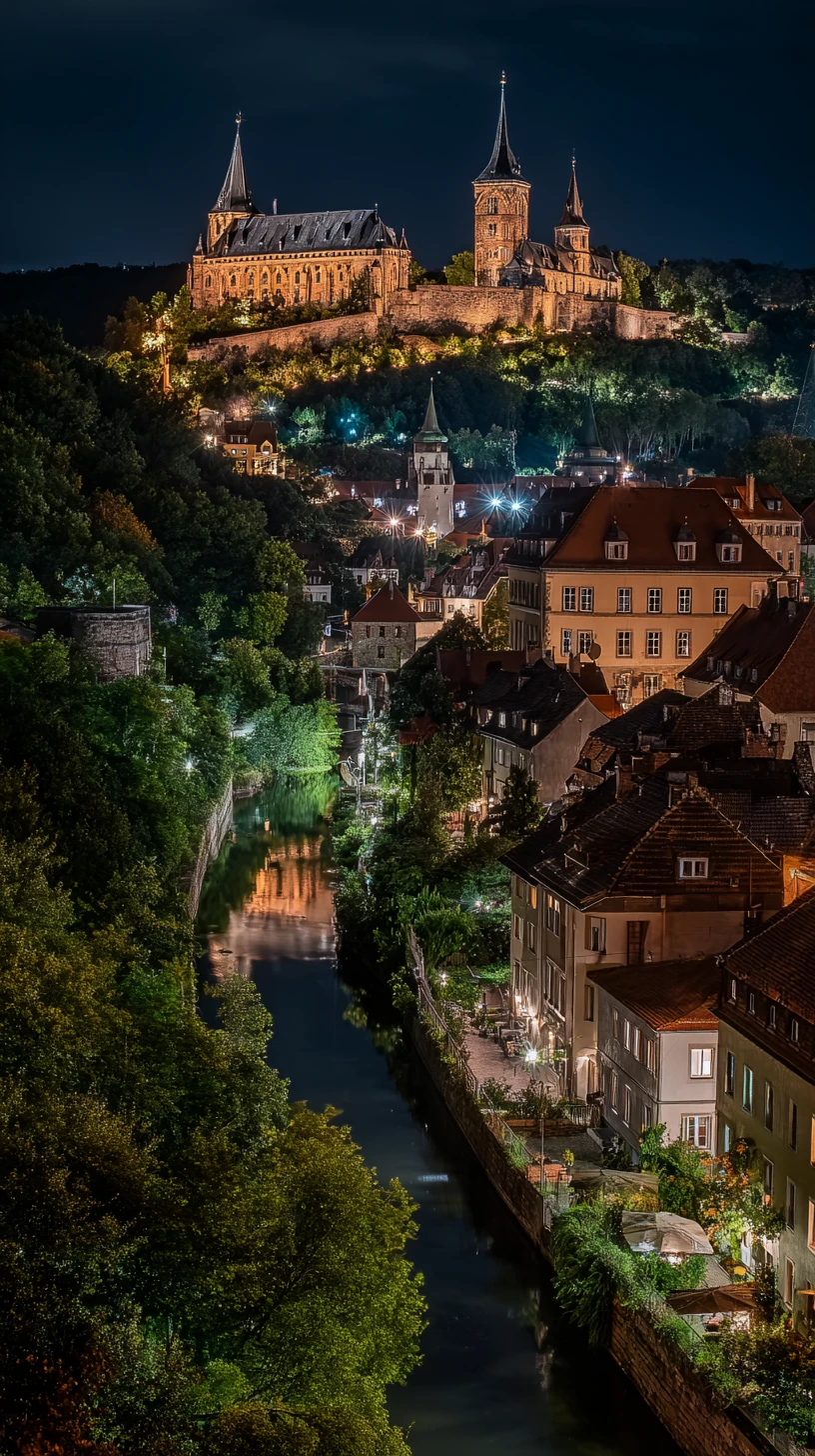 Castelo medieval iluminado sobre cidade europeia à beira-rio