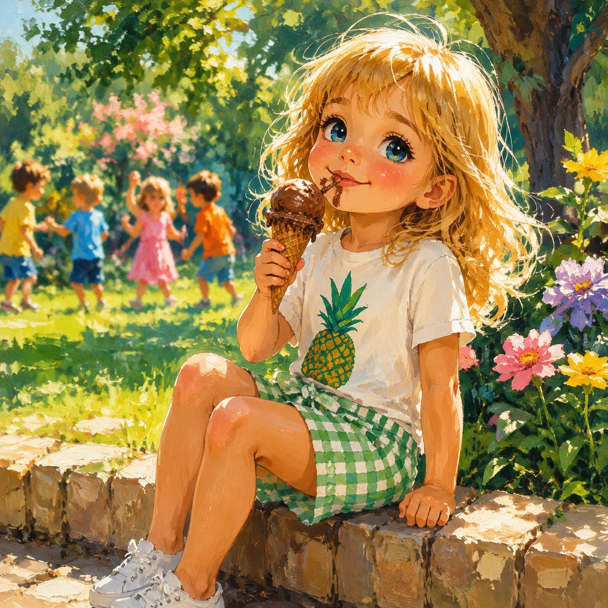 Petite fille mangeant une glace au chocolat dans un jardin ensoleillé