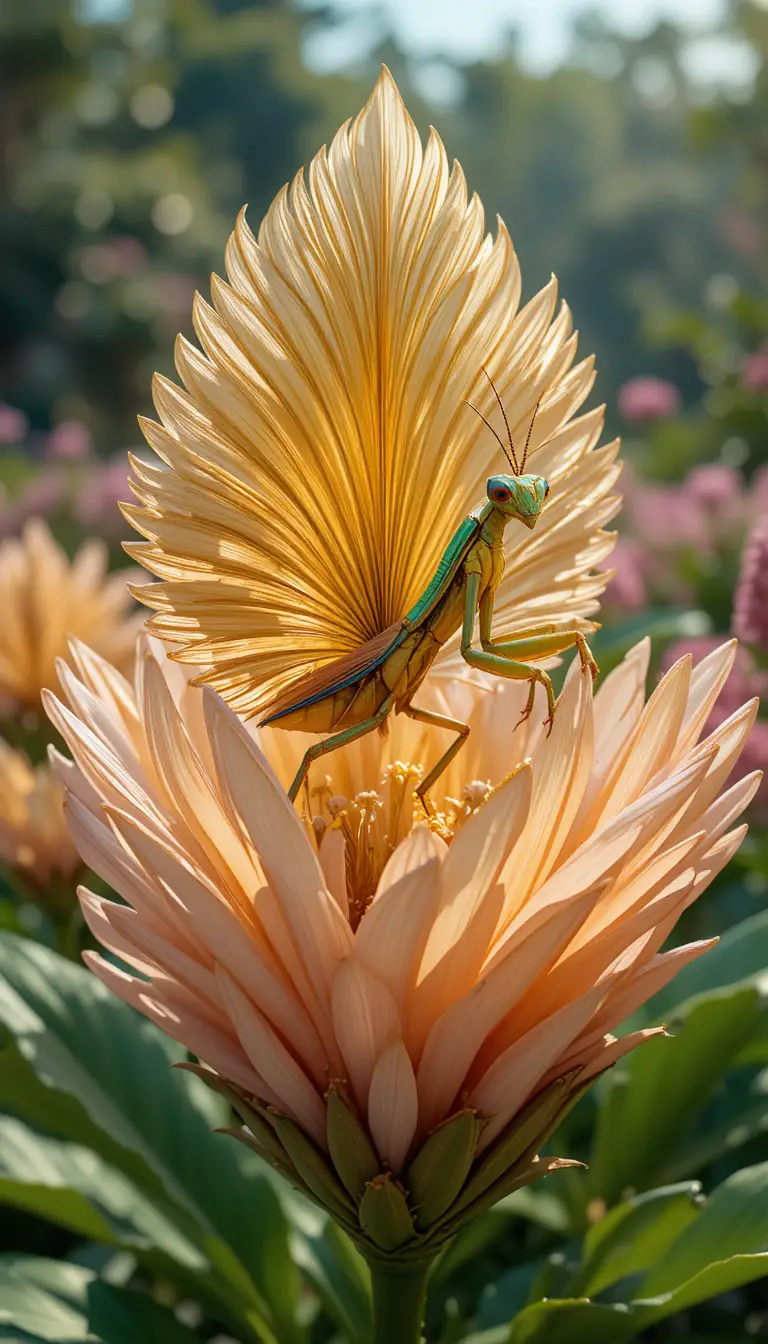Mante en macro camouflée en fleur de paon dorée