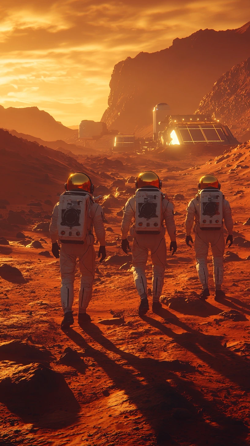 未来的な火星基地へ歩む人類探査者たち