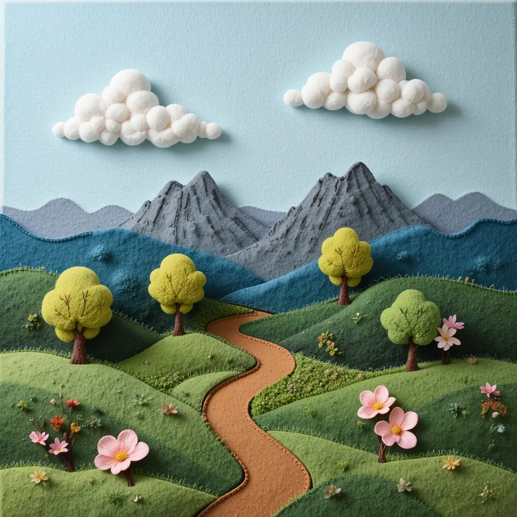 Layered felt landscape with hills trees and large flowers