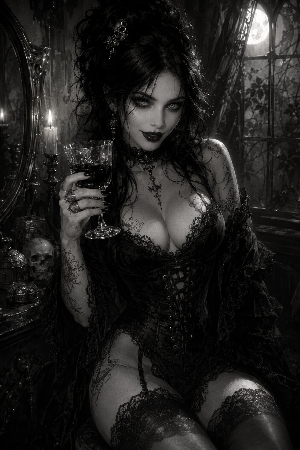 Mulher vampira gótica de espartilho em retrato de três quartos
