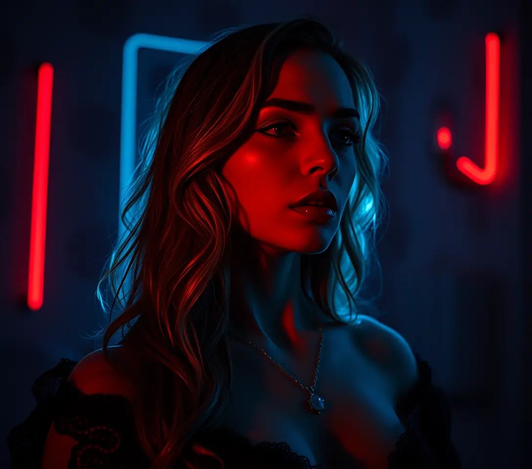 Surreal woman in neon lit night lost in introspection