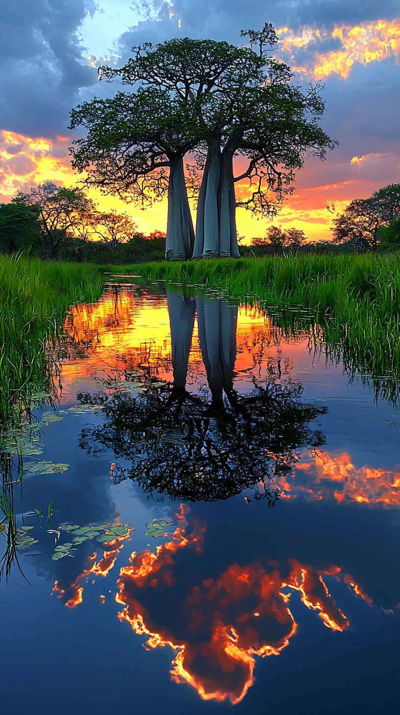 Dipinto digitale al tramonto del viale dei baobab in Madagascar