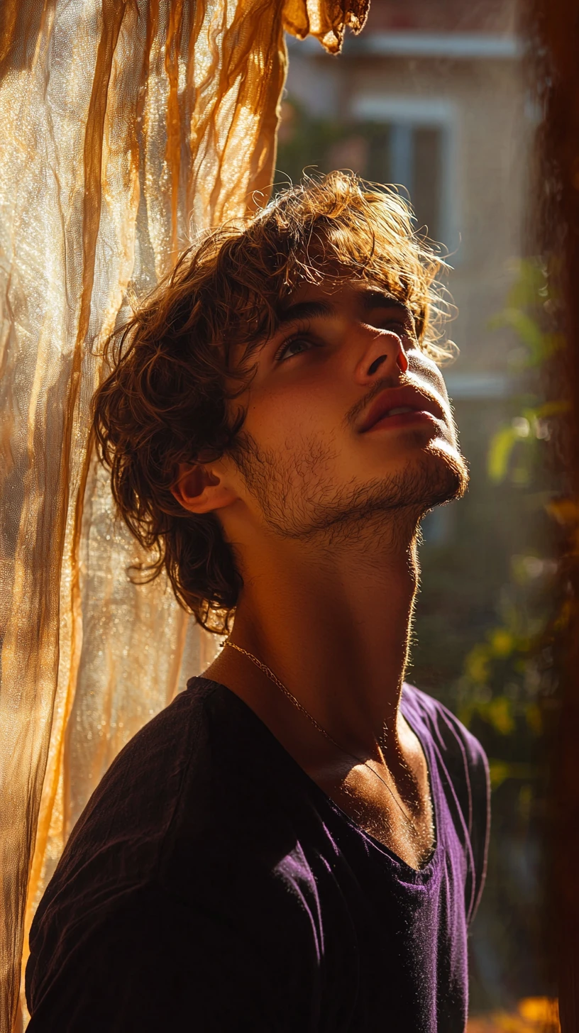 Serene young man on sunny balcony through soft fabric