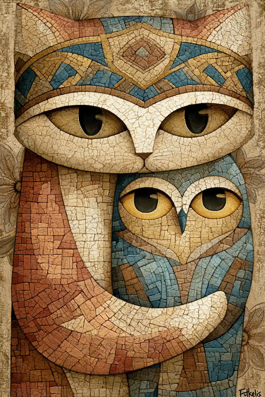 Folk art cat holding owl with ornate patterned headdress